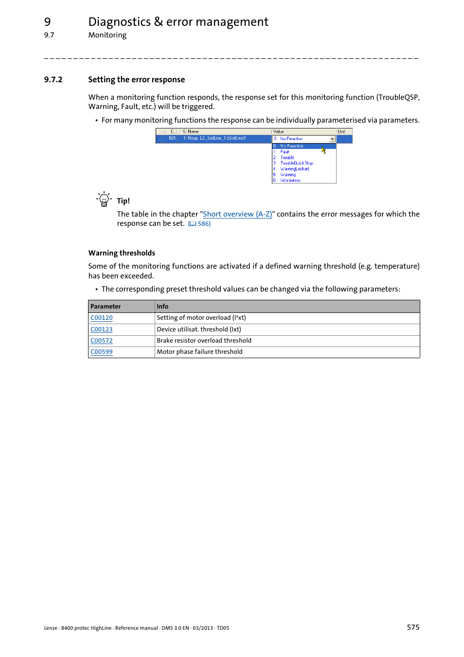 2 setting the error response, Setting the error response, 9diagnostics & error management | Lenze 8400 User Manual | Page 575 / 1494