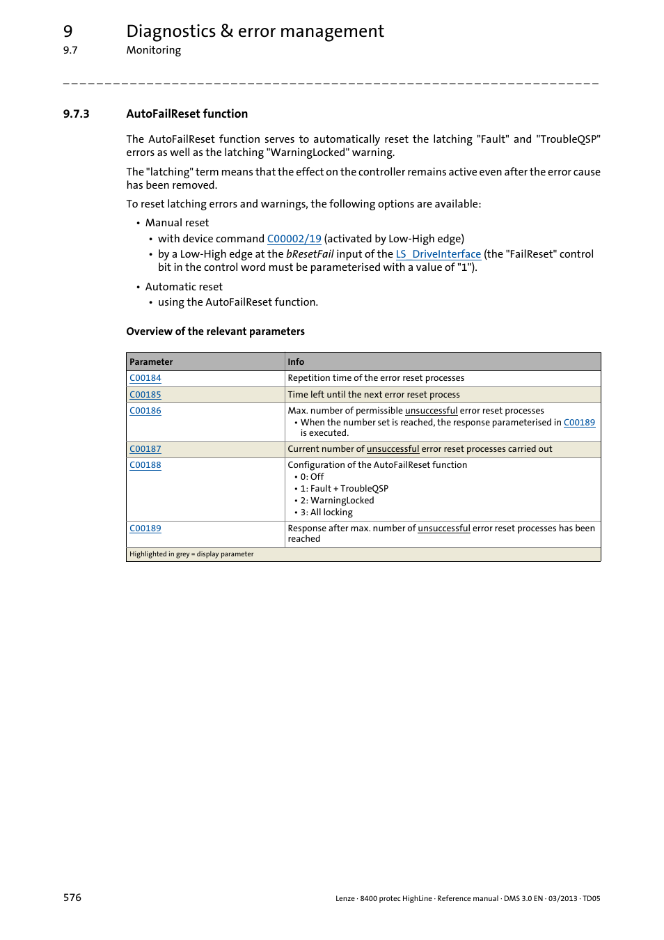 3 autofailreset function, Autofailreset function, 9diagnostics & error management | Lenze 8400 User Manual | Page 576 / 1494