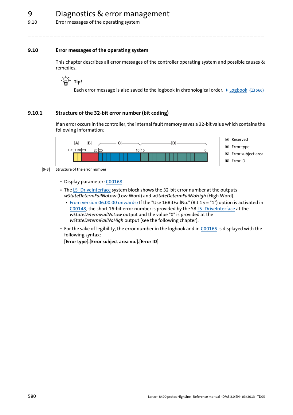 10 error messages of the operating system, Structure of the 32-bit error number (bit coding), Error messages of the operating system | Bit error number, 9diagnostics & error management | Lenze 8400 User Manual | Page 580 / 1494