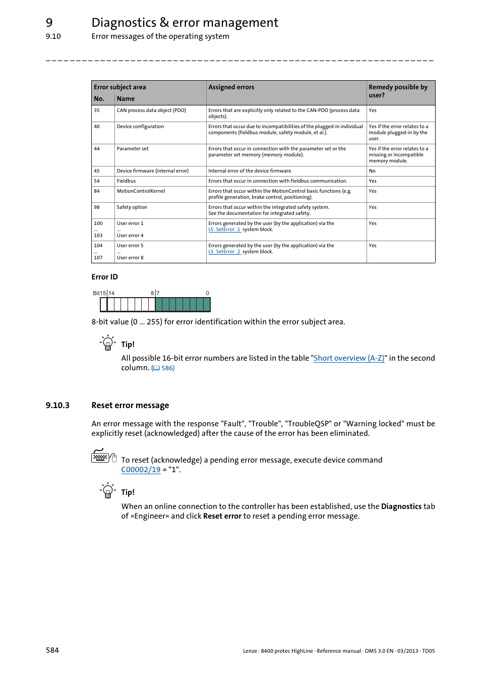 3 reset error message, Reset error message, Reset error message ( 584) | 9diagnostics & error management | Lenze 8400 User Manual | Page 584 / 1494