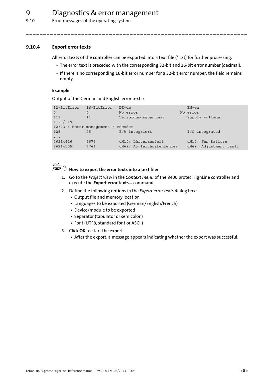 4 export error texts, Export error texts, 9diagnostics & error management | Lenze 8400 User Manual | Page 585 / 1494