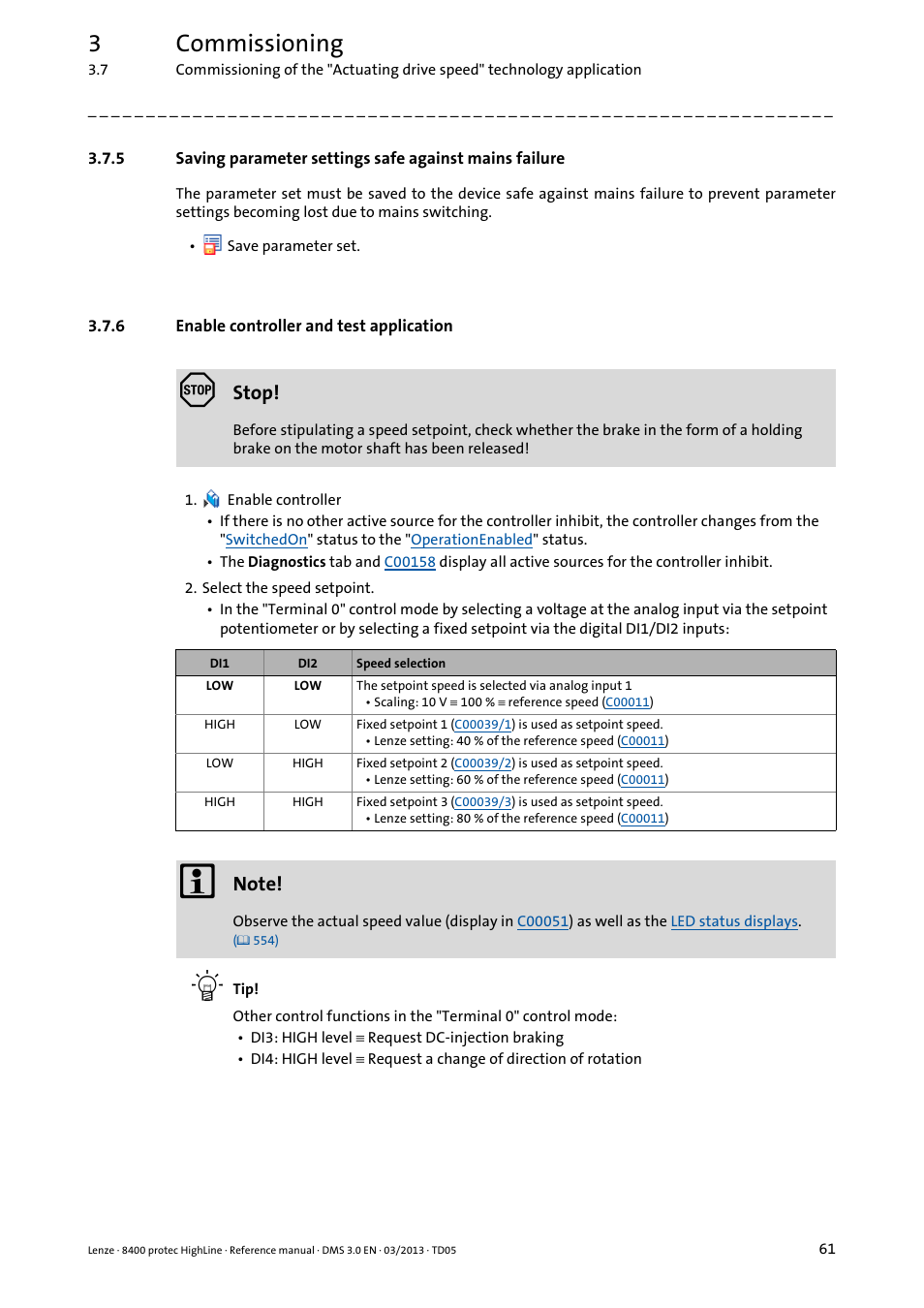 6 enable controller and test application, Enable controller and test application, 3commissioning | Stop | Lenze 8400 User Manual | Page 61 / 1494