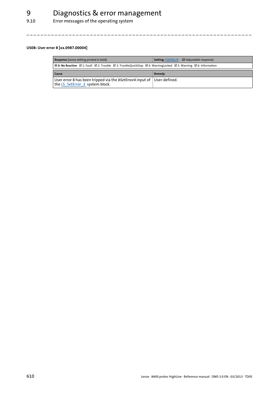 Xx.0987.00004, 9diagnostics & error management | Lenze 8400 User Manual | Page 610 / 1494