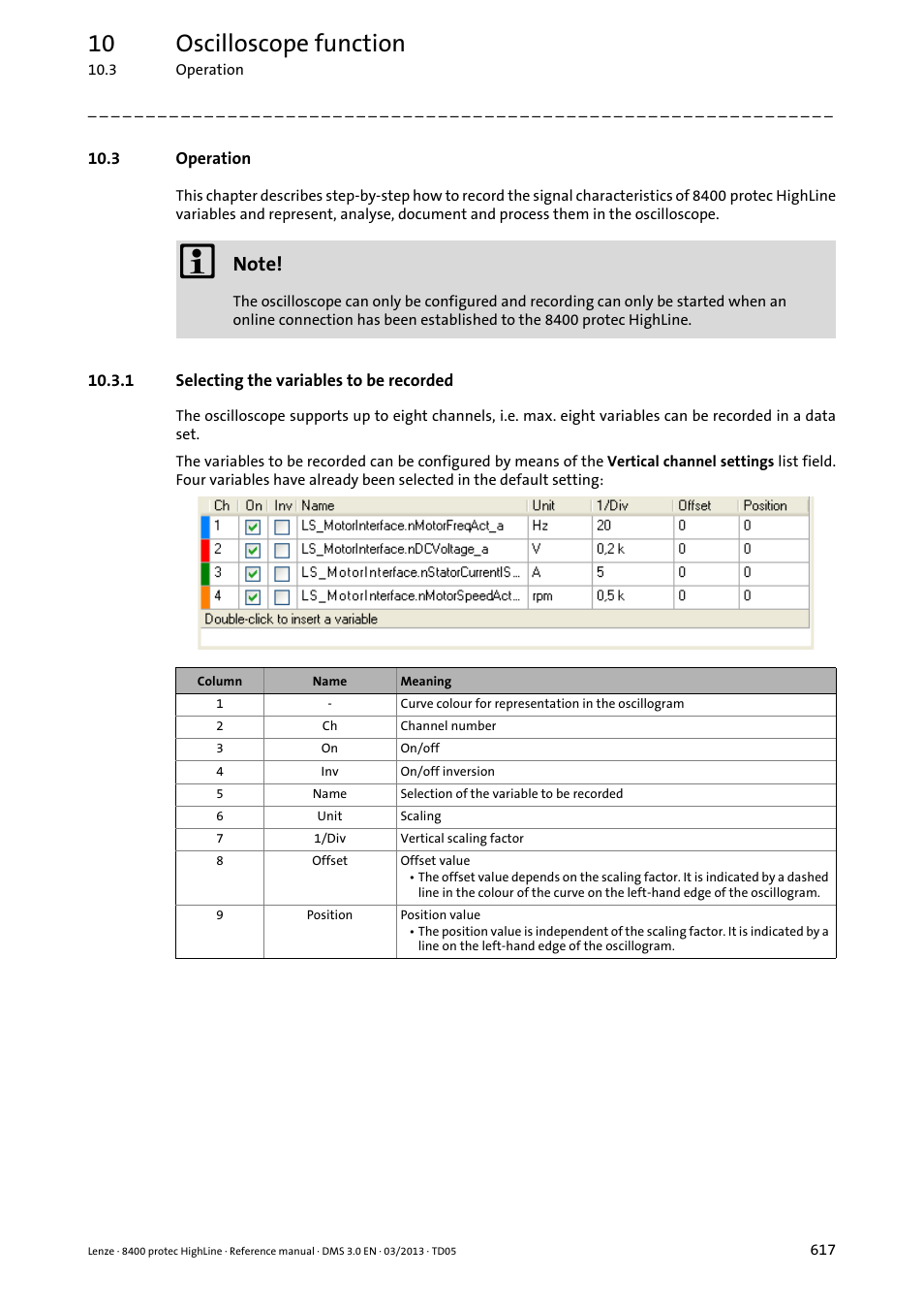 3 operation, 1 selecting the variables to be recorded, Selecting the variables to be recorded | 10 oscilloscope function | Lenze 8400 User Manual | Page 617 / 1494