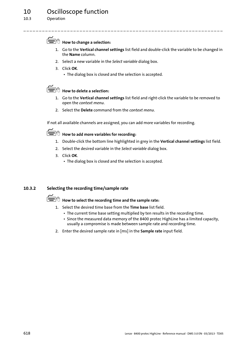 2 selecting the recording time/sample rate, Selecting the recording time/sample rate, 10 oscilloscope function | Lenze 8400 User Manual | Page 618 / 1494