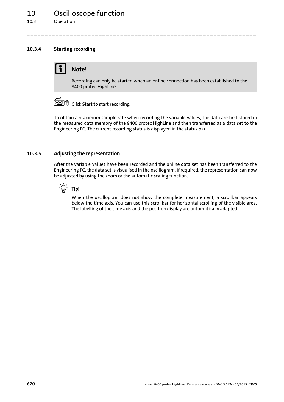 4 starting recording, 5 adjusting the representation, Starting recording | Adjusting the representation, Adjusting the representation ( 620), 10 oscilloscope function | Lenze 8400 User Manual | Page 620 / 1494