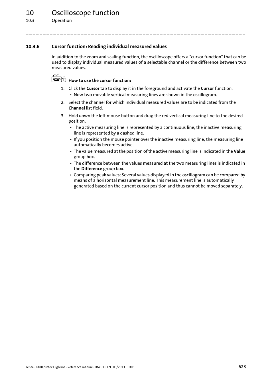 Cursor function: reading individual measured, Values, 10 oscilloscope function | Lenze 8400 User Manual | Page 623 / 1494