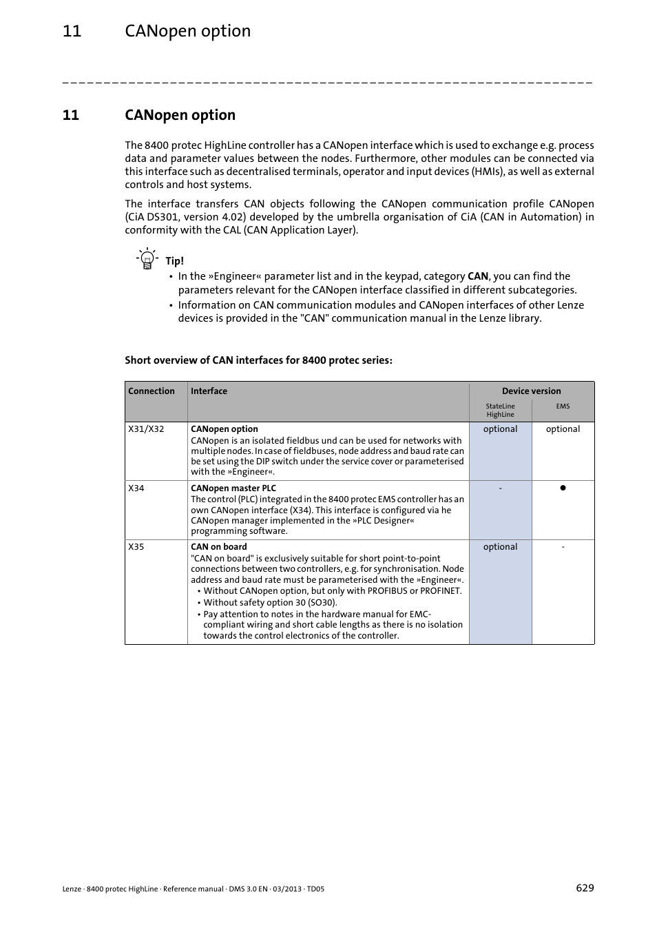 11 canopen option, Canopen option, Can interface | The device has rece | Lenze 8400 User Manual | Page 629 / 1494