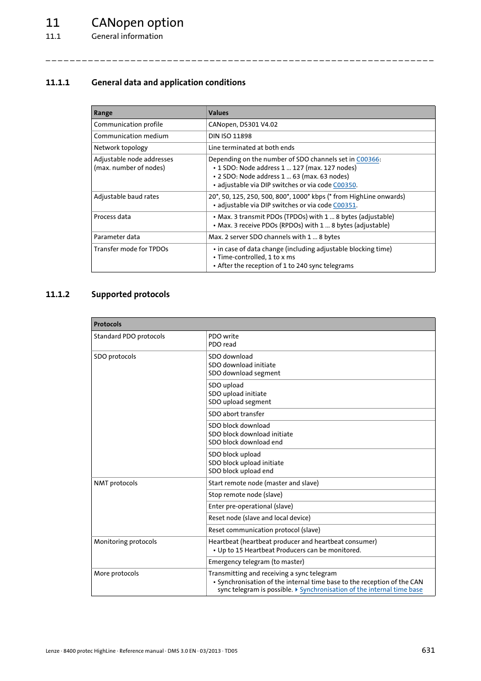1 general data and application conditions, 2 supported protocols, General data and application conditions | Supported protocols, 11 canopen option | Lenze 8400 User Manual | Page 631 / 1494