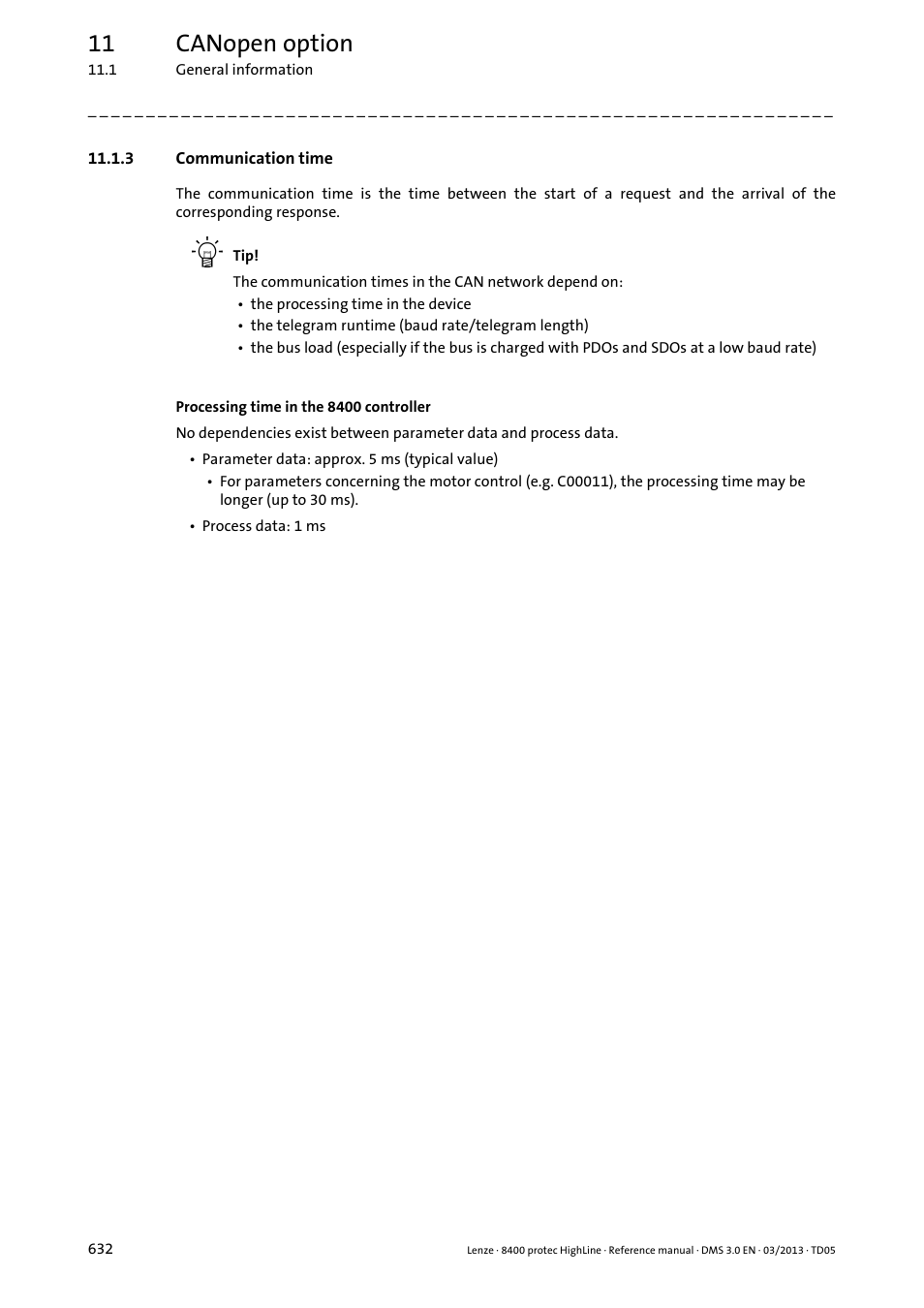 3 communication time, Communication time, 11 canopen option | Lenze 8400 User Manual | Page 632 / 1494