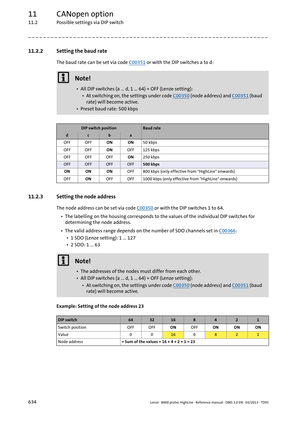 2 setting the baud rate, 3 setting the node address, Setting the baud rate | Setting the node address, 11 canopen option | Lenze 8400 User Manual | Page 634 / 1494