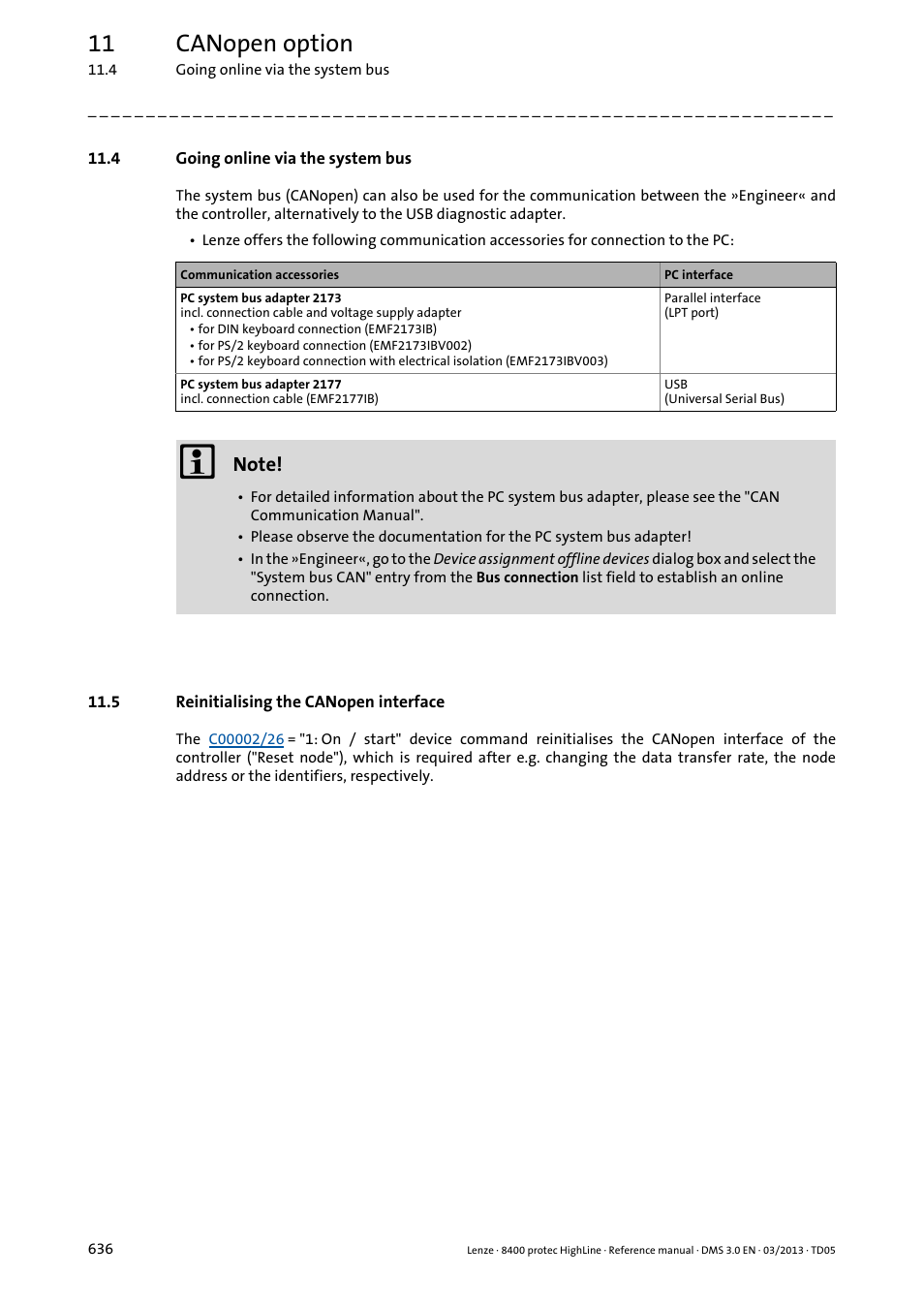 4 going online via the system bus, 5 reinitialising the canopen interface, Reinitialising the canopen interface | 11 canopen option | Lenze 8400 User Manual | Page 636 / 1494