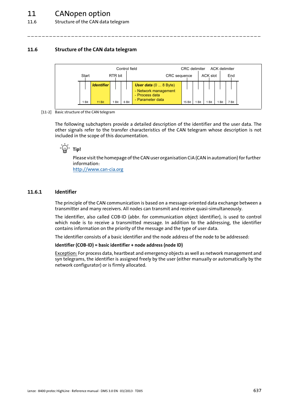 6 structure of the can data telegram, 1 identifier, Identifier | 11 canopen option | Lenze 8400 User Manual | Page 637 / 1494