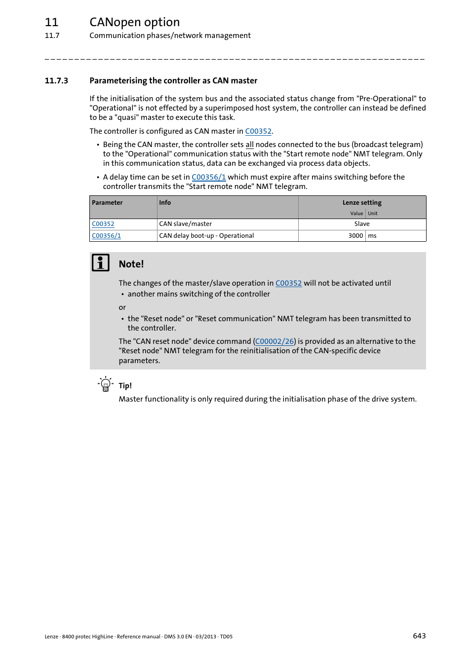 3 parameterising the controller as can master, Parameterising the controller as can master, 11 canopen option | Lenze 8400 User Manual | Page 643 / 1494