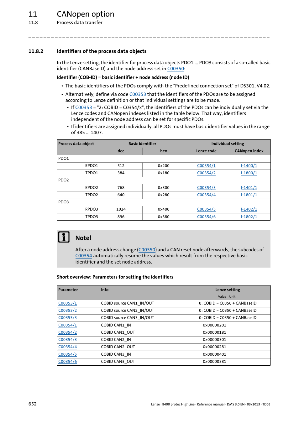 2 identifiers of the process data objects, Identifiers of the process data objects, 11 canopen option | Lenze 8400 User Manual | Page 652 / 1494