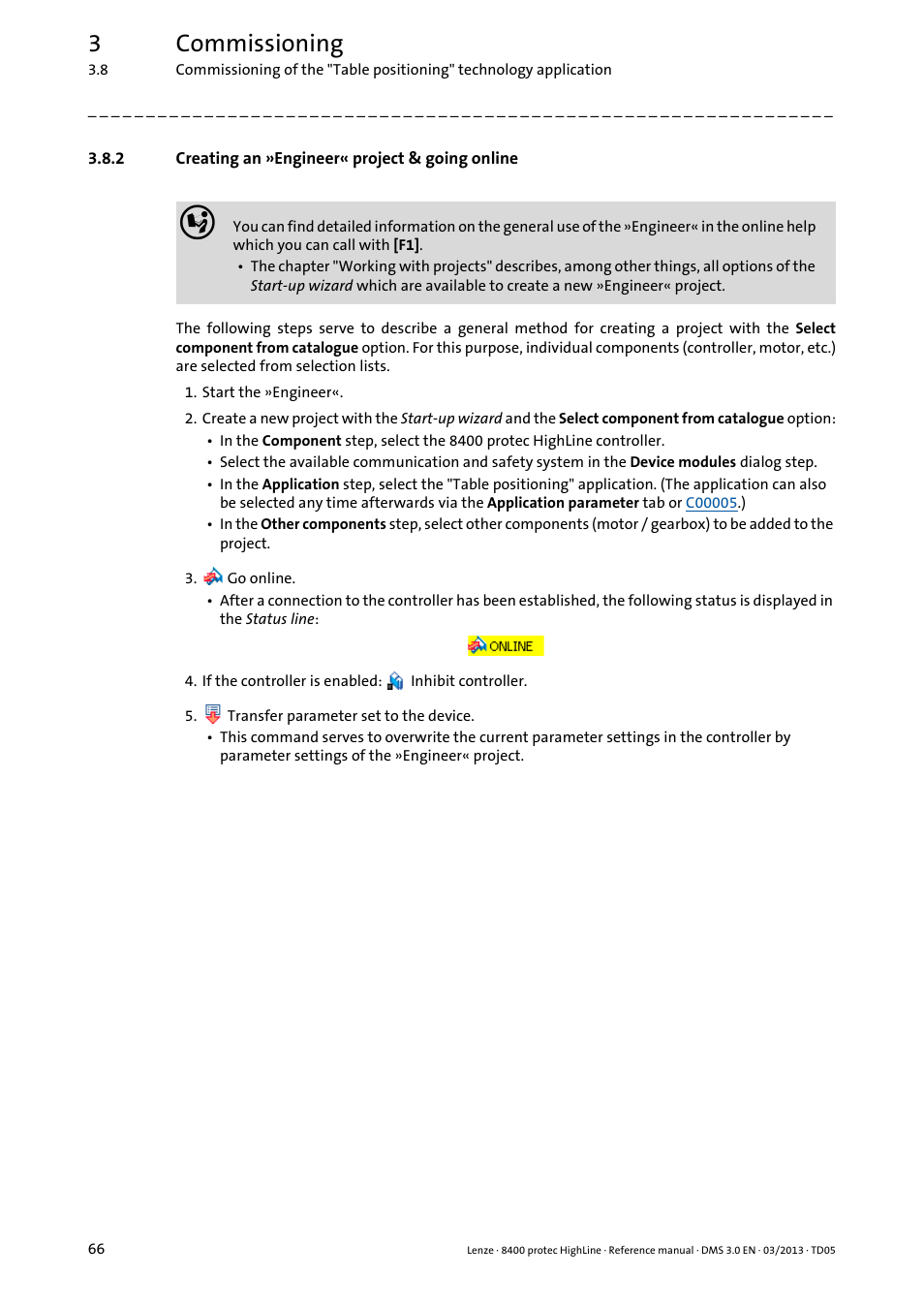 2 creating an »engineer« project & going online, Creating an »engineer« project & going online, 3commissioning | Lenze 8400 User Manual | Page 66 / 1494