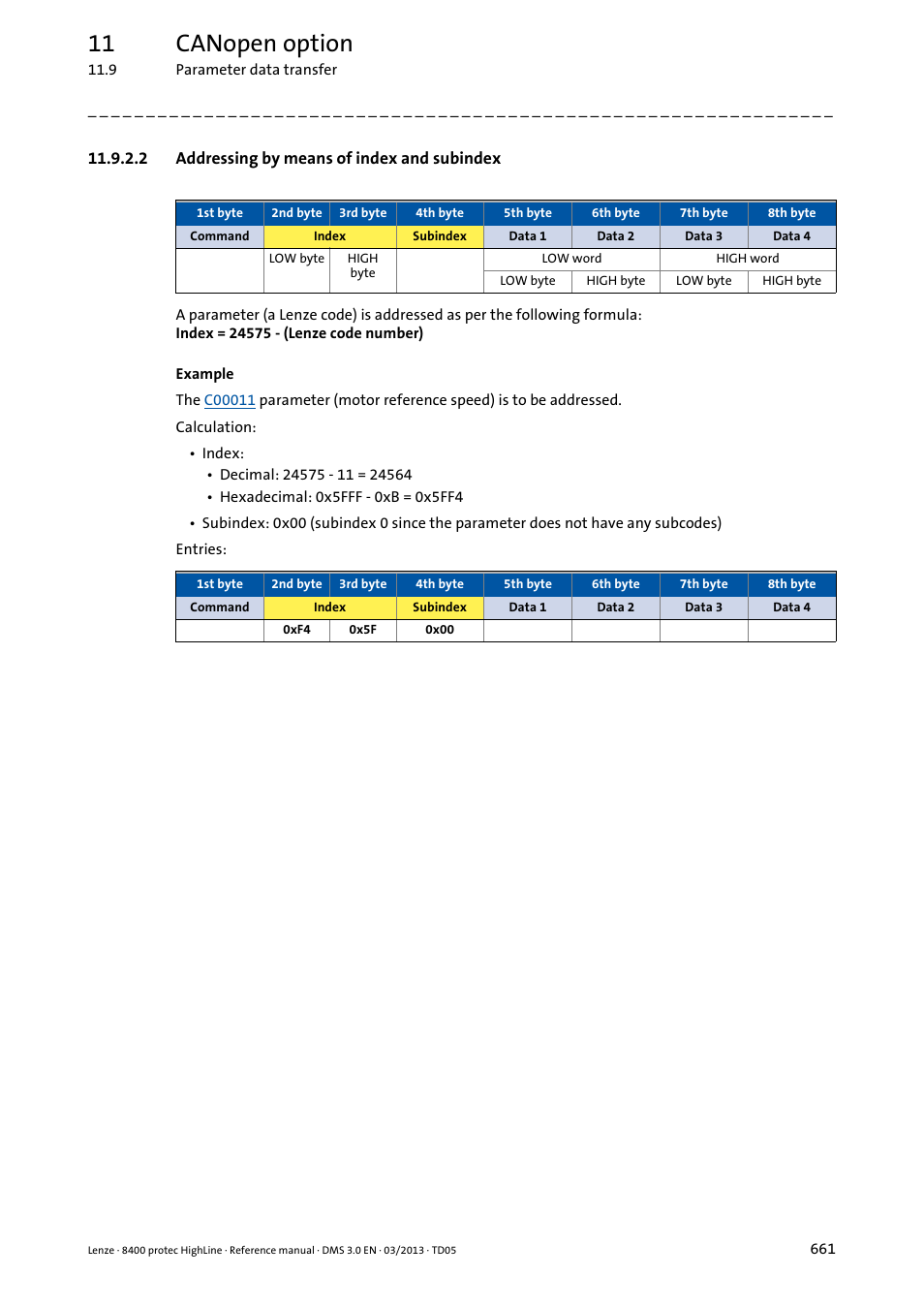 2 addressing by means of index and subindex, Addressing by means of index and subindex, 11 canopen option | Lenze 8400 User Manual | Page 661 / 1494