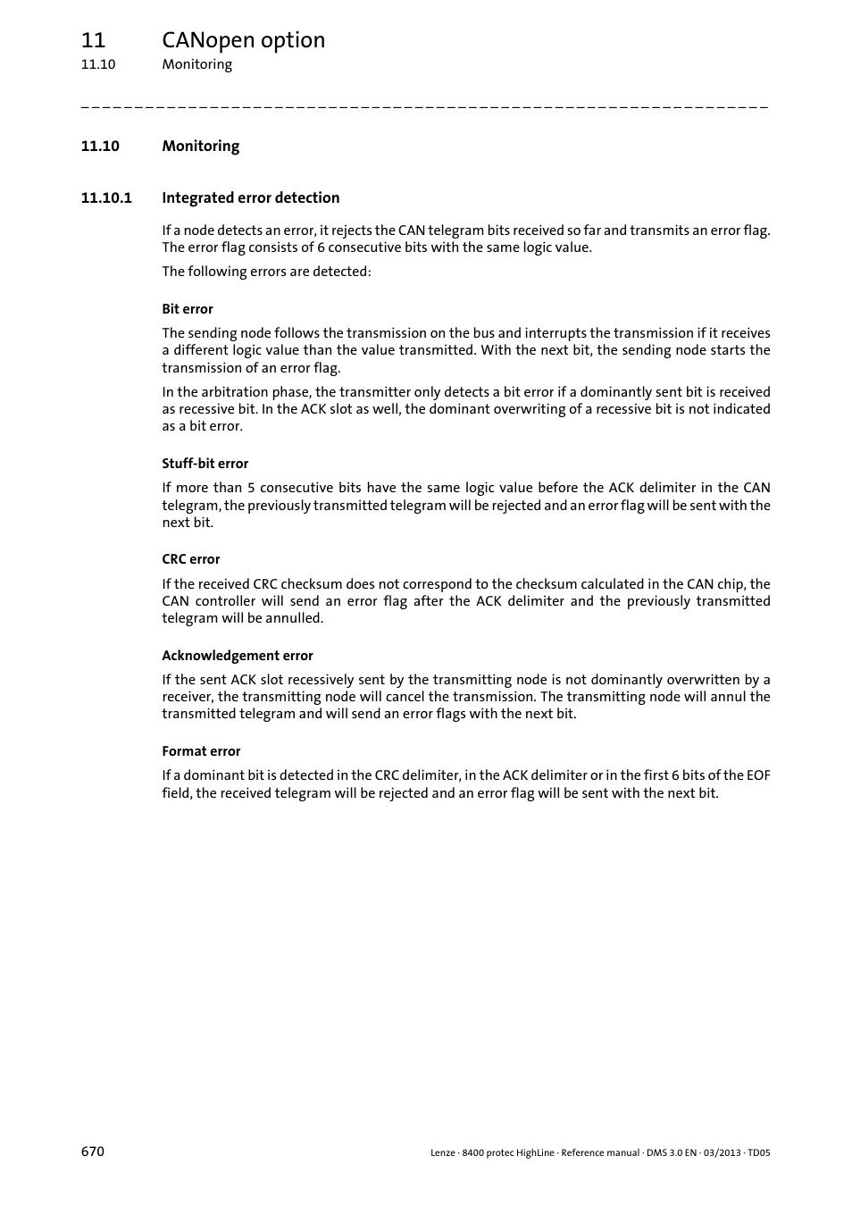 10 monitoring, 1 integrated error detection, 11 canopen option | Lenze 8400 User Manual | Page 670 / 1494