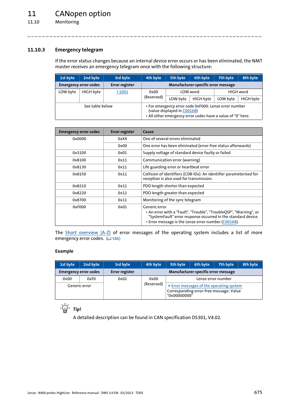 3 emergency telegram, 11 canopen option | Lenze 8400 User Manual | Page 675 / 1494