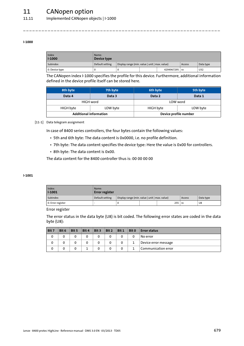 I-1001, I-1000, 11 canopen option | Lenze 8400 User Manual | Page 679 / 1494