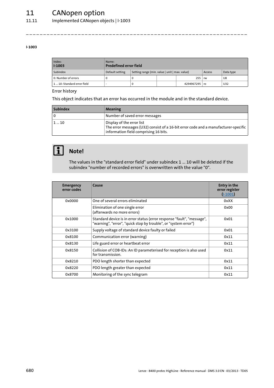 I-1003, 11 canopen option | Lenze 8400 User Manual | Page 680 / 1494