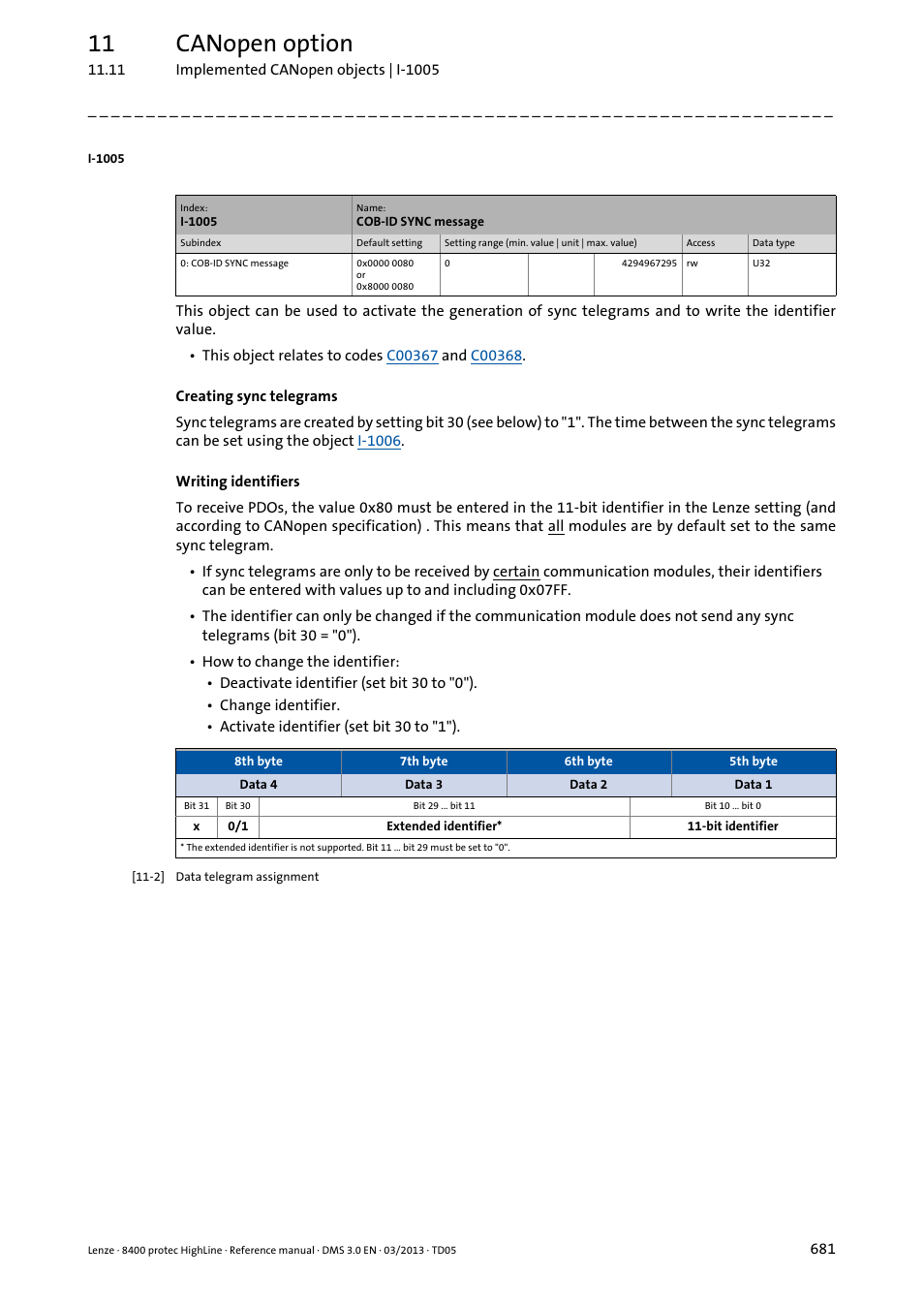 I-1005, 11 canopen option | Lenze 8400 User Manual | Page 681 / 1494