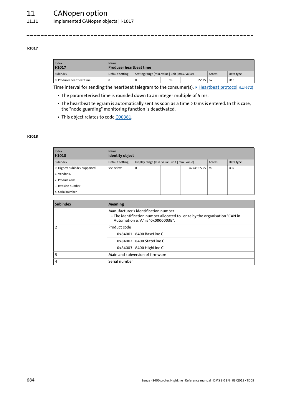 I-1017, The parameterised time, I-1018 | 11 canopen option | Lenze 8400 User Manual | Page 684 / 1494