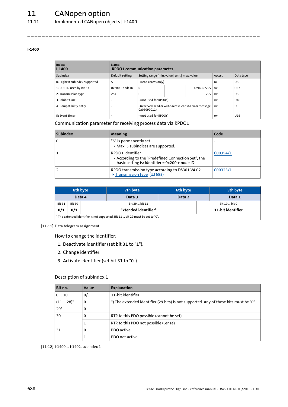 I-1400/1, I-1400, 11 canopen option | Lenze 8400 User Manual | Page 688 / 1494