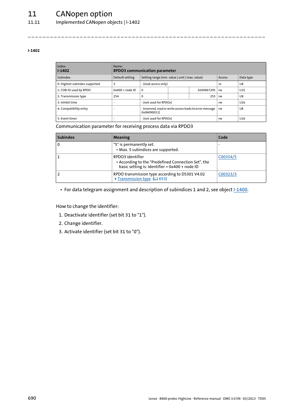 I-1402/1, I-1402, 11 canopen option | Lenze 8400 User Manual | Page 690 / 1494