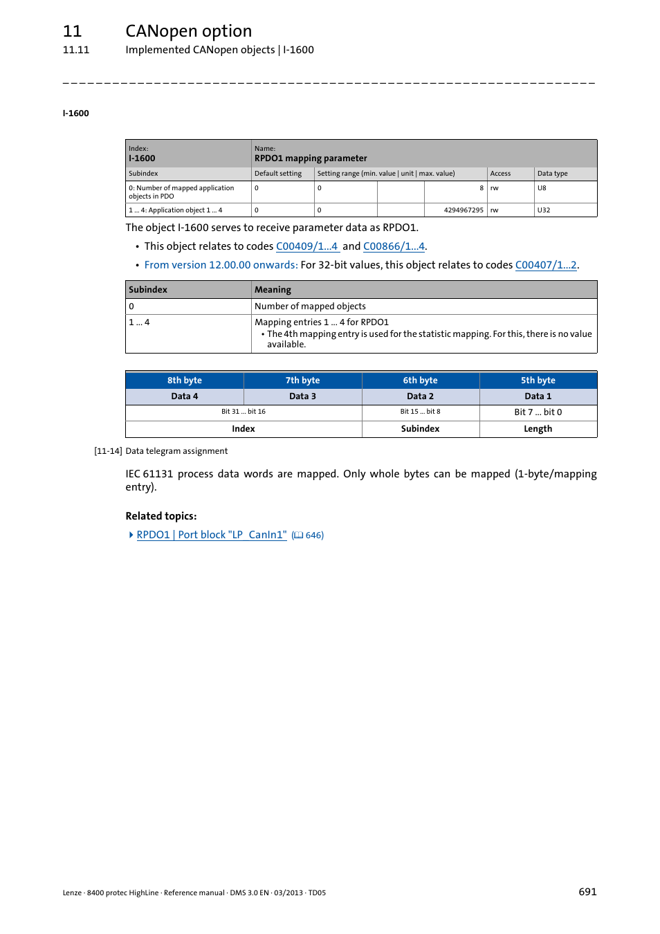 I-1600, 11 canopen option | Lenze 8400 User Manual | Page 691 / 1494