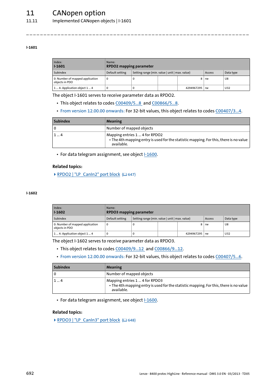 I-1601, I-1602, 11 canopen option | Lenze 8400 User Manual | Page 692 / 1494