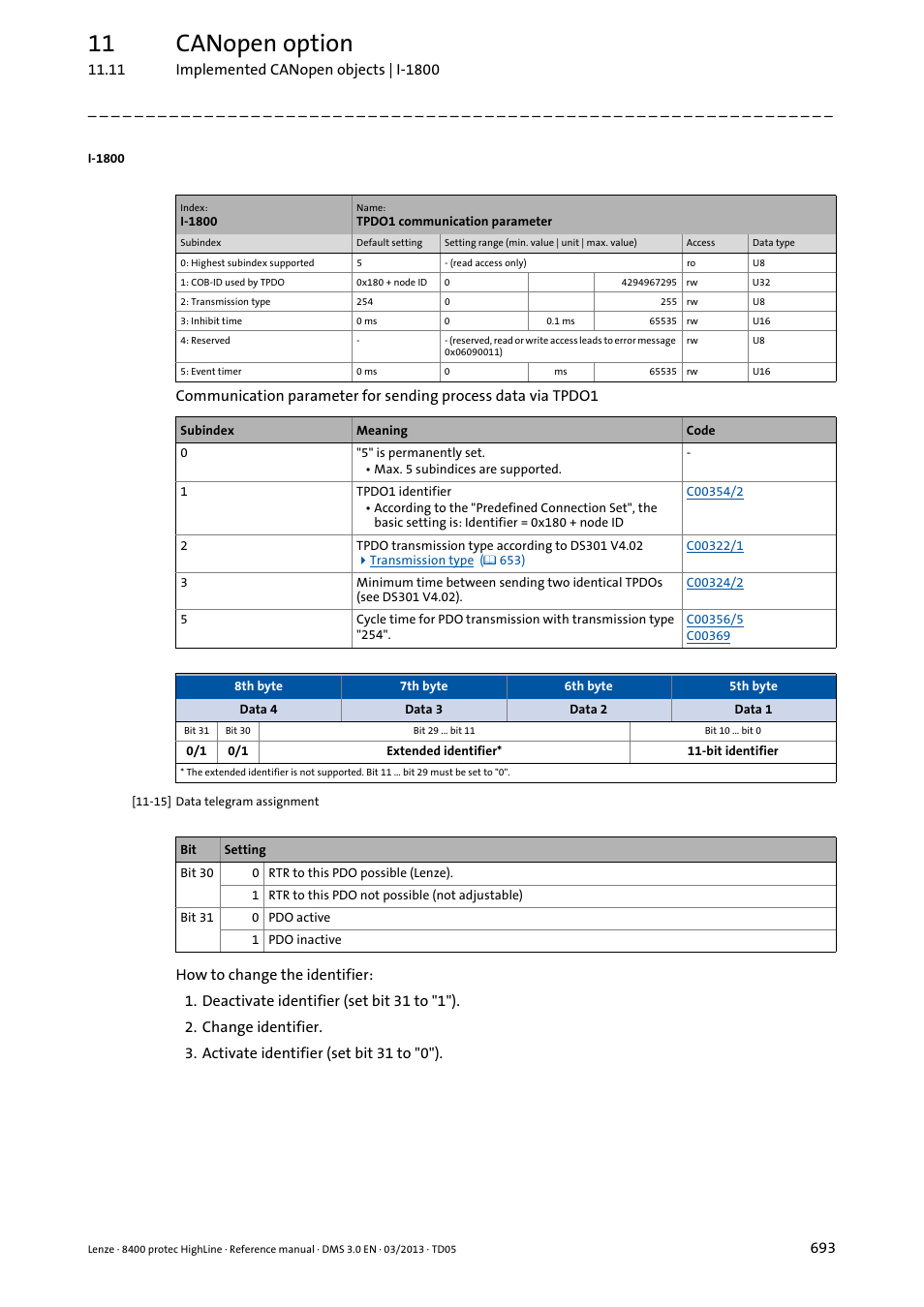 I-1800/1, I-1800, 11 canopen option | Lenze 8400 User Manual | Page 693 / 1494