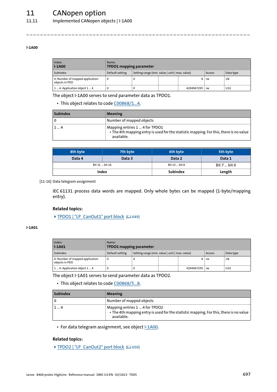 I-1a00, I-1a01, 11 canopen option | Lenze 8400 User Manual | Page 697 / 1494