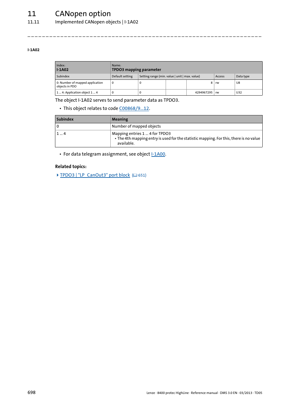 I-1a02, 11 canopen option | Lenze 8400 User Manual | Page 698 / 1494