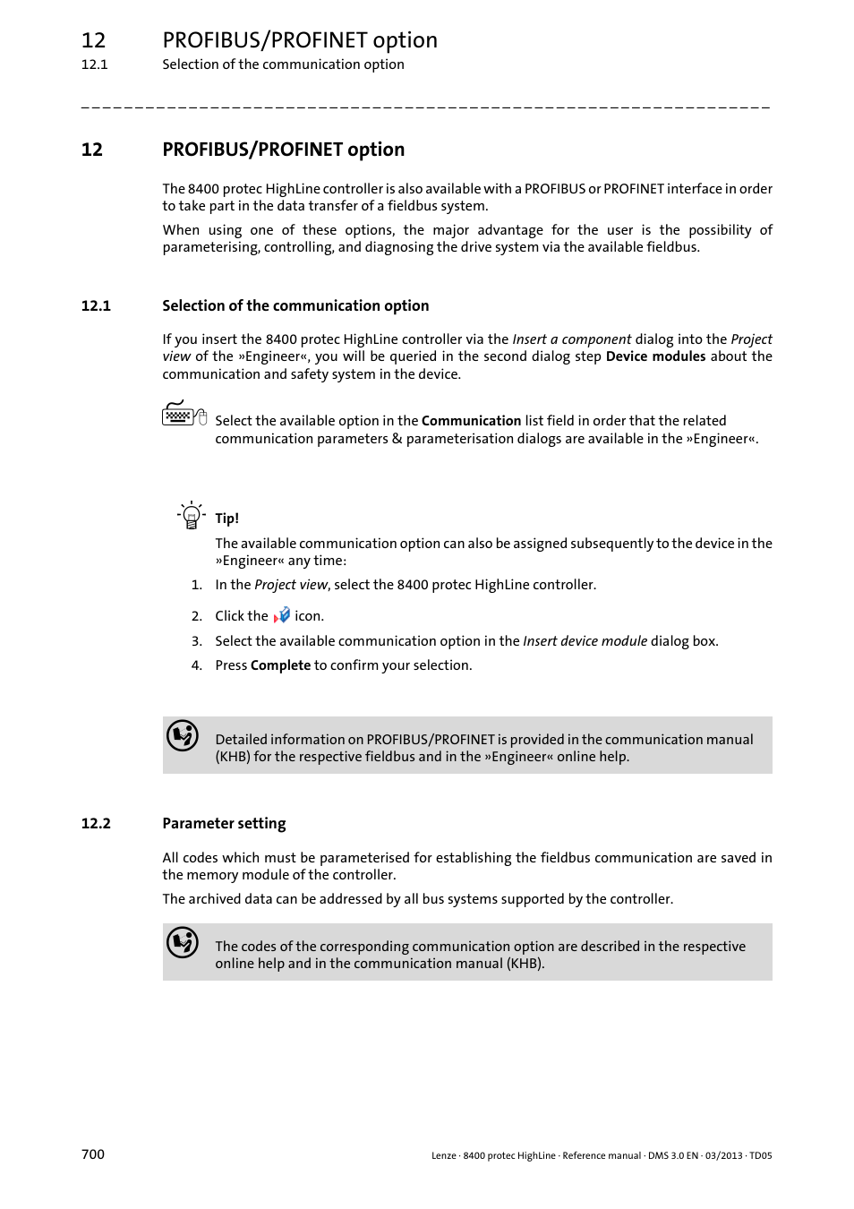 12 profibus/profinet option, 1 selection of the communication option, 2 parameter setting | Profibus/profinet option | Lenze 8400 User Manual | Page 700 / 1494