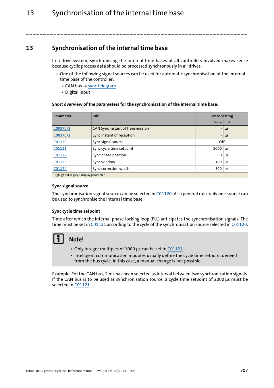 13 synchronisation of the internal time base, Synchronisation of the internal time base, Ssible | Lenze 8400 User Manual | Page 707 / 1494