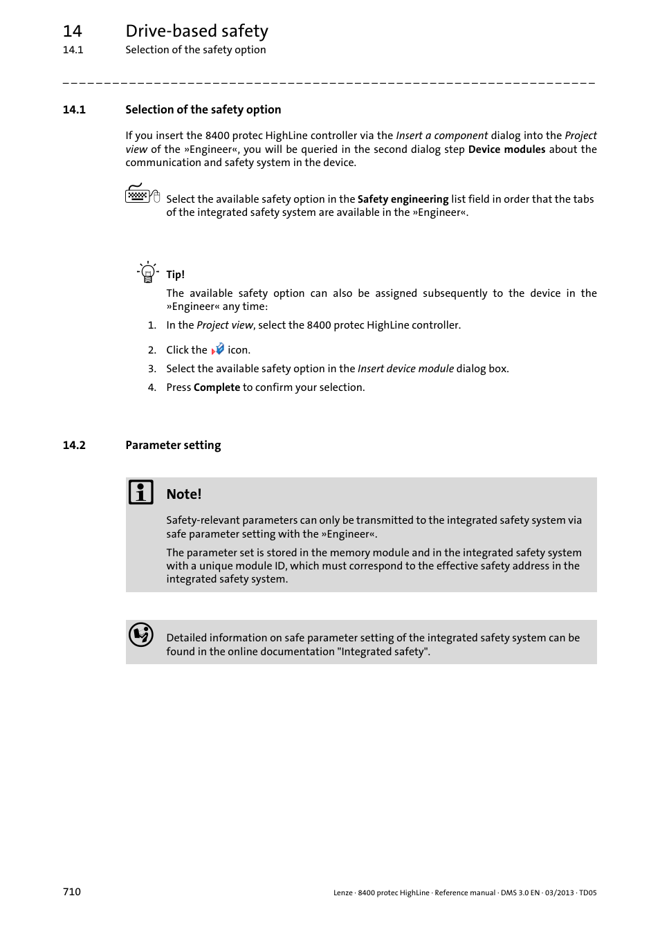 1 selection of the safety option, 2 parameter setting, 14 drive-based safety | Lenze 8400 User Manual | Page 710 / 1494