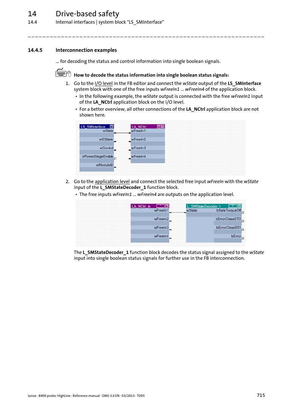 5 interconnection examples, Interconnection examples, 14 drive-based safety | Lenze 8400 User Manual | Page 715 / 1494