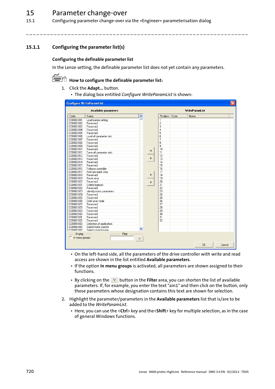 1 configuring the parameter list(s), Configuring the parameter list(s), 15 parameter change-over | Lenze 8400 User Manual | Page 720 / 1494