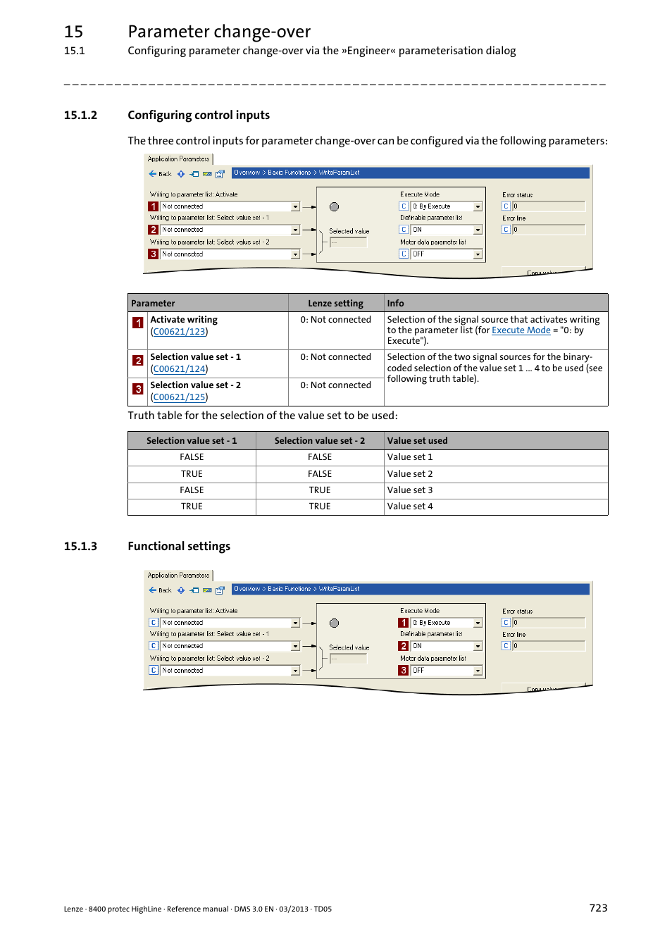 2 configuring control inputs, 3 functional settings, Configuring control inputs | Functional settings, 15 parameter change-over | Lenze 8400 User Manual | Page 723 / 1494