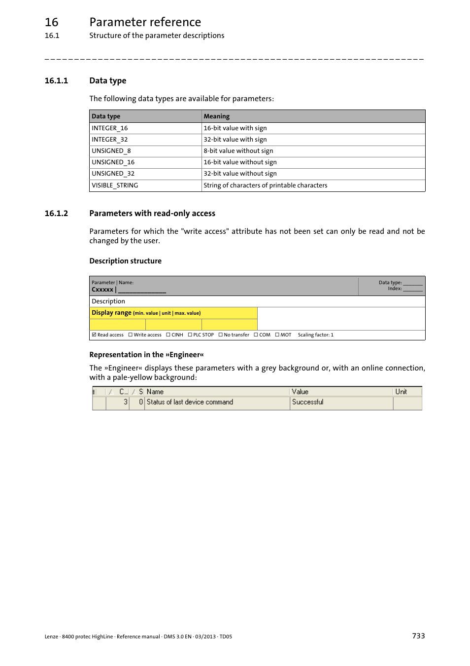 1 data type, 2 parameters with read-only access, Data type | Parameters with read-only access, 16 parameter reference | Lenze 8400 User Manual | Page 733 / 1494