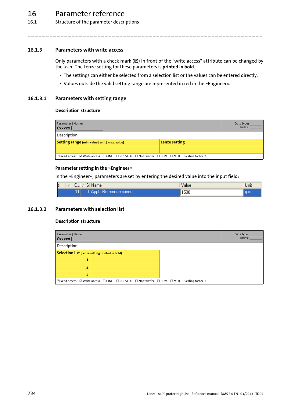 3 parameters with write access, 1 parameters with setting range, 2 parameters with selection list | Parameters with write access, Parameters with setting range, Parameters with selection list, 16 parameter reference | Lenze 8400 User Manual | Page 734 / 1494