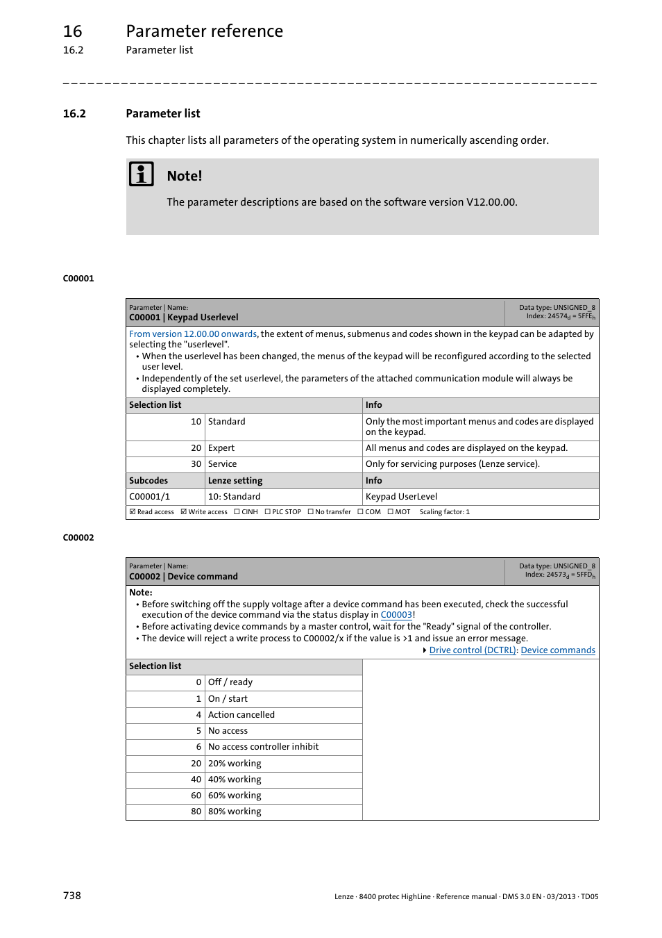 2 parameter list, C00001 | keypad userlevel, C00002 | device command | C00001/1, C00002/31, C00002/32, C00002/33, C00002/29, C00002/30, Via the | Lenze 8400 User Manual | Page 738 / 1494