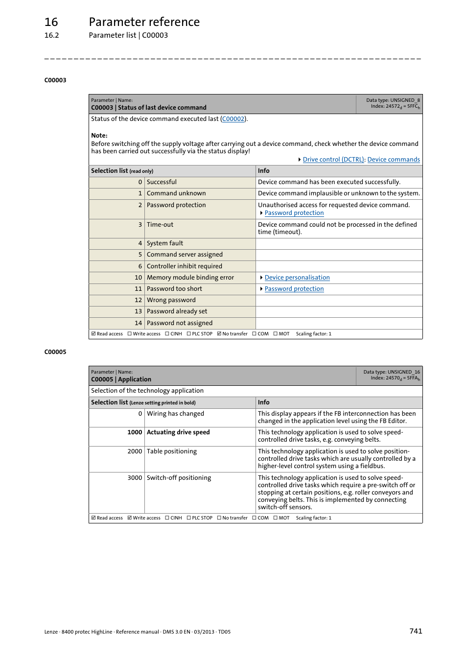 C00003 | status of last device command, C00005 | application, C00003 | C00005, If you, Ed in, Going to, 16 parameter reference | Lenze 8400 User Manual | Page 741 / 1494