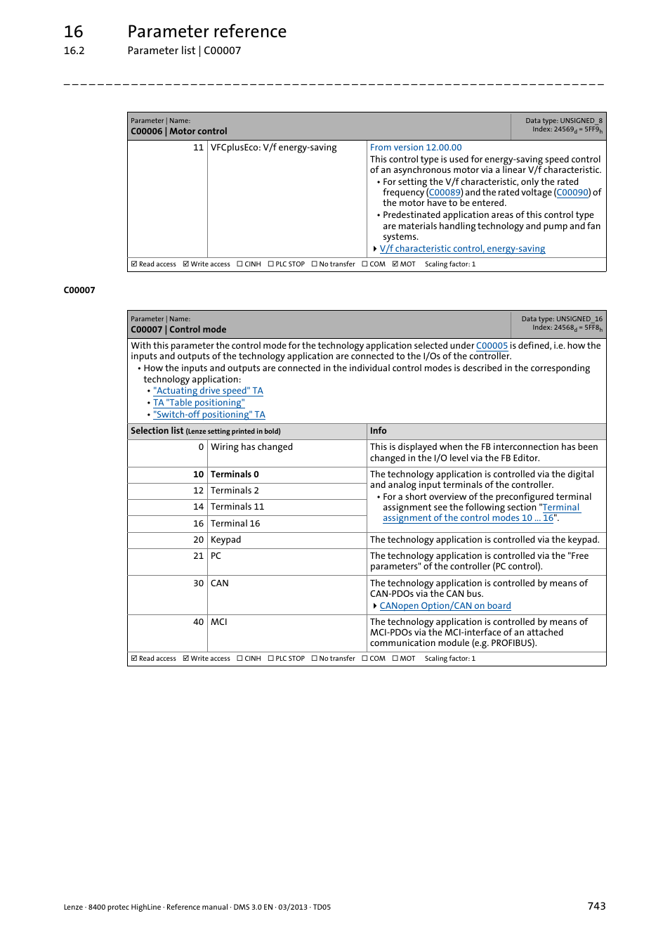 C00007 | control mode, C00007, De in | 16 parameter reference | Lenze 8400 User Manual | Page 743 / 1494