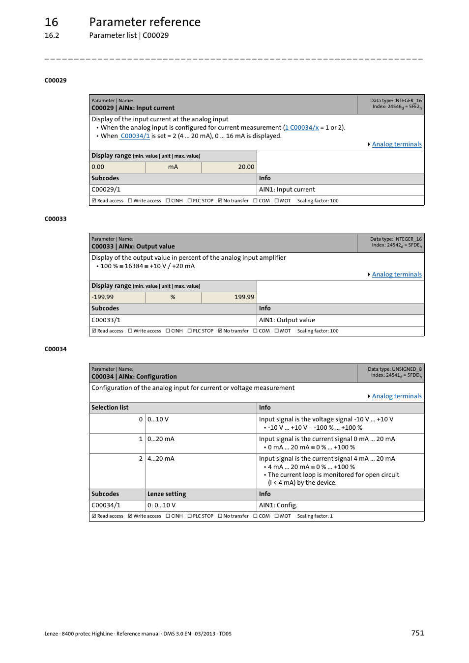 C00029 | ainx: input current, C00033 | ainx: output value, C00034 | ainx: configuration | C00029/1, C00033/1, C00034, C00034/1, C00034/2, 16 parameter reference | Lenze 8400 User Manual | Page 751 / 1494