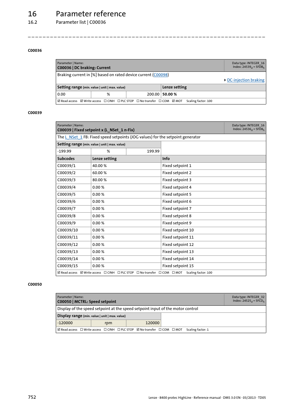 C00036 | dc braking: current, C00039 | fixed setpoint x (l_nset_1 n-fix), C00050 | mctrl: speed setpoint | C00039/1, C00039/2, C00039/3, Is used, C00050, C00036, N be parameterised in | Lenze 8400 User Manual | Page 752 / 1494