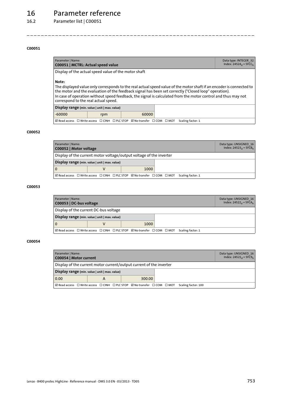 C00051 | mctrl: actual speed value, C00052 | motor voltage, C00053 | dc-bus voltage | C00054 | motor current, C00051, C00053, C00054, E (display in, As well as th, C00052 | Lenze 8400 User Manual | Page 753 / 1494