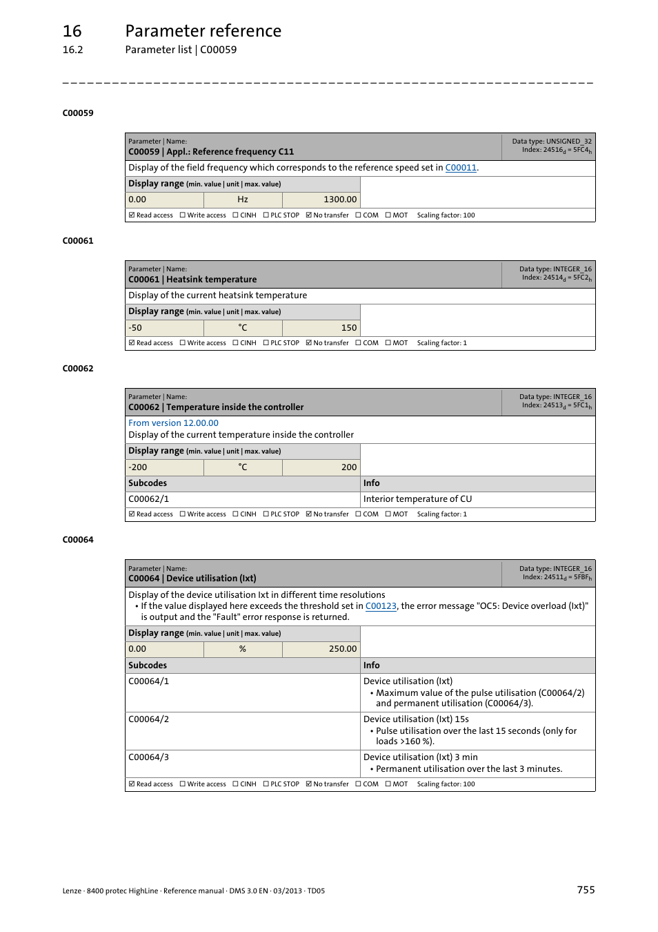 C00059 | appl.: reference frequency c11, C00061 | heatsink temperature, C00062 | temperature inside the controller | C00064 | device utilisation (ixt), C00061, C00059, C00064, C00064/1, Displays the, C00064/2 | Lenze 8400 User Manual | Page 755 / 1494