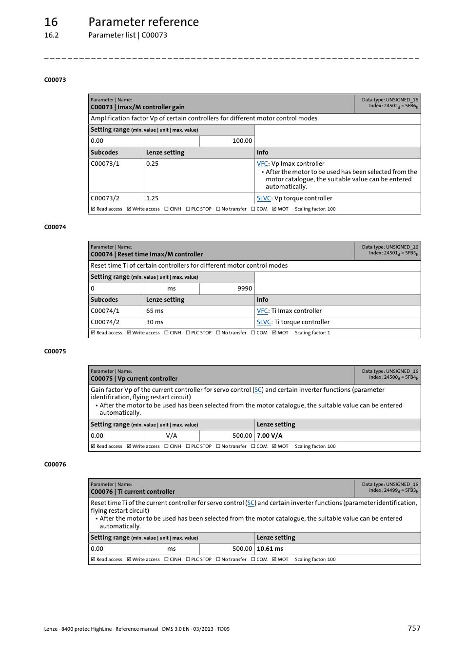 C00073 | imax/m controller gain, C00074 | reset time imax/m controller, C00075 | vp current controller | C00076 | ti current controller, C00075, C00076, C00073/1, C00074/1, C00074, C00073 | Lenze 8400 User Manual | Page 757 / 1494